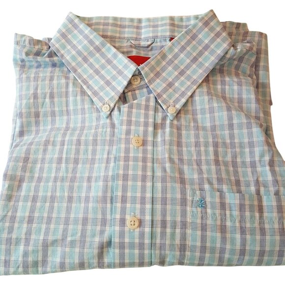 IZOD Mens Shirt XL Blue Plaid Casual Button Up Short Sleeve Collared - Picture 1 of 7